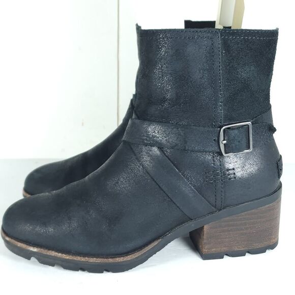 Sorel Women’s Cate US7 Black Leather Waterproof Side Zip Strappy Ankle Boots - Picture 2 of 16